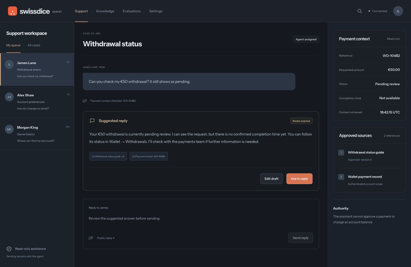 Support agent workspace showing a draft answer grounded in approved knowledge and read-only withdrawal context with human review