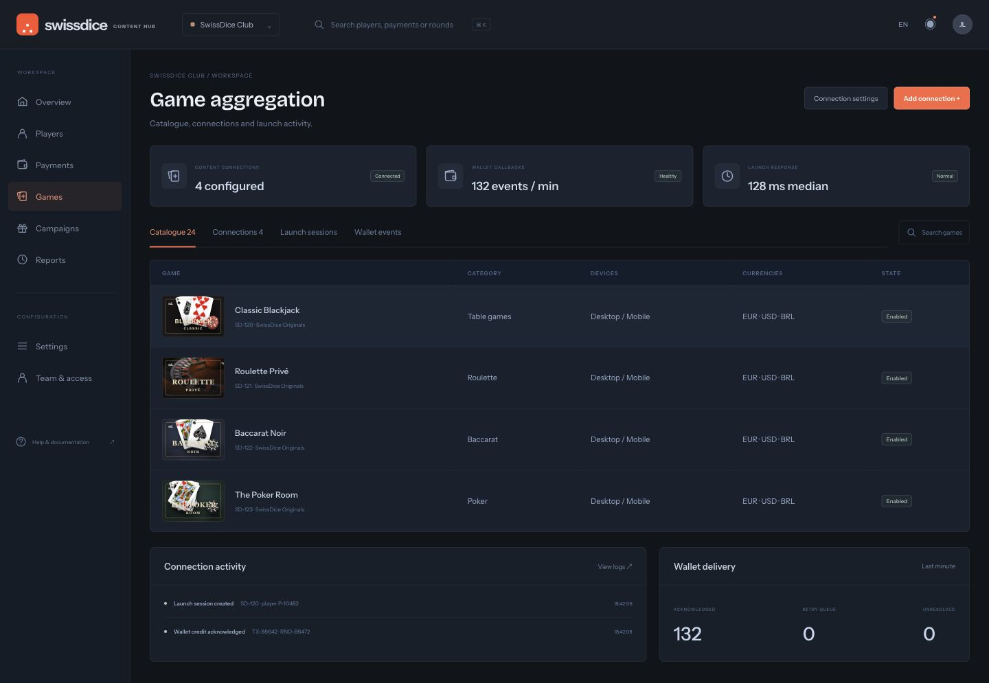 Game aggregation console with catalogue entries, connection health, launch activity and wallet callback delivery.
