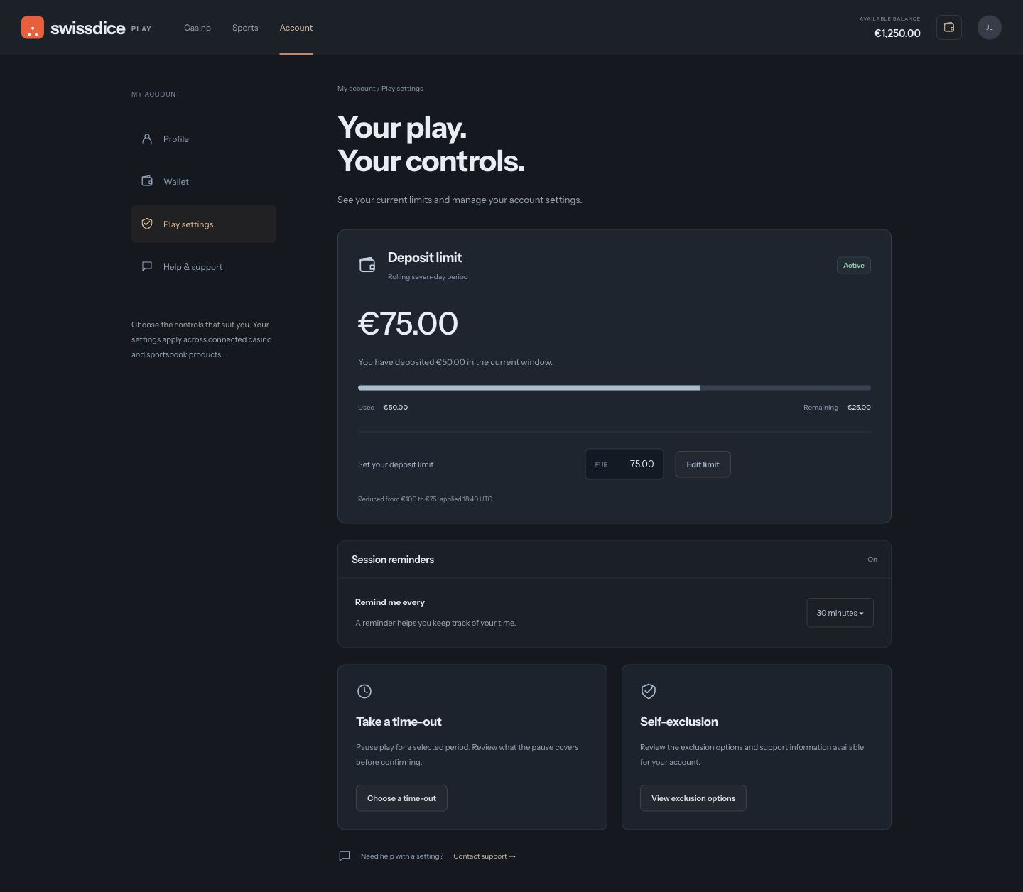 Player account settings with a rolling seven-day deposit limit, used and remaining amounts, session reminders, time-out and exclusion options