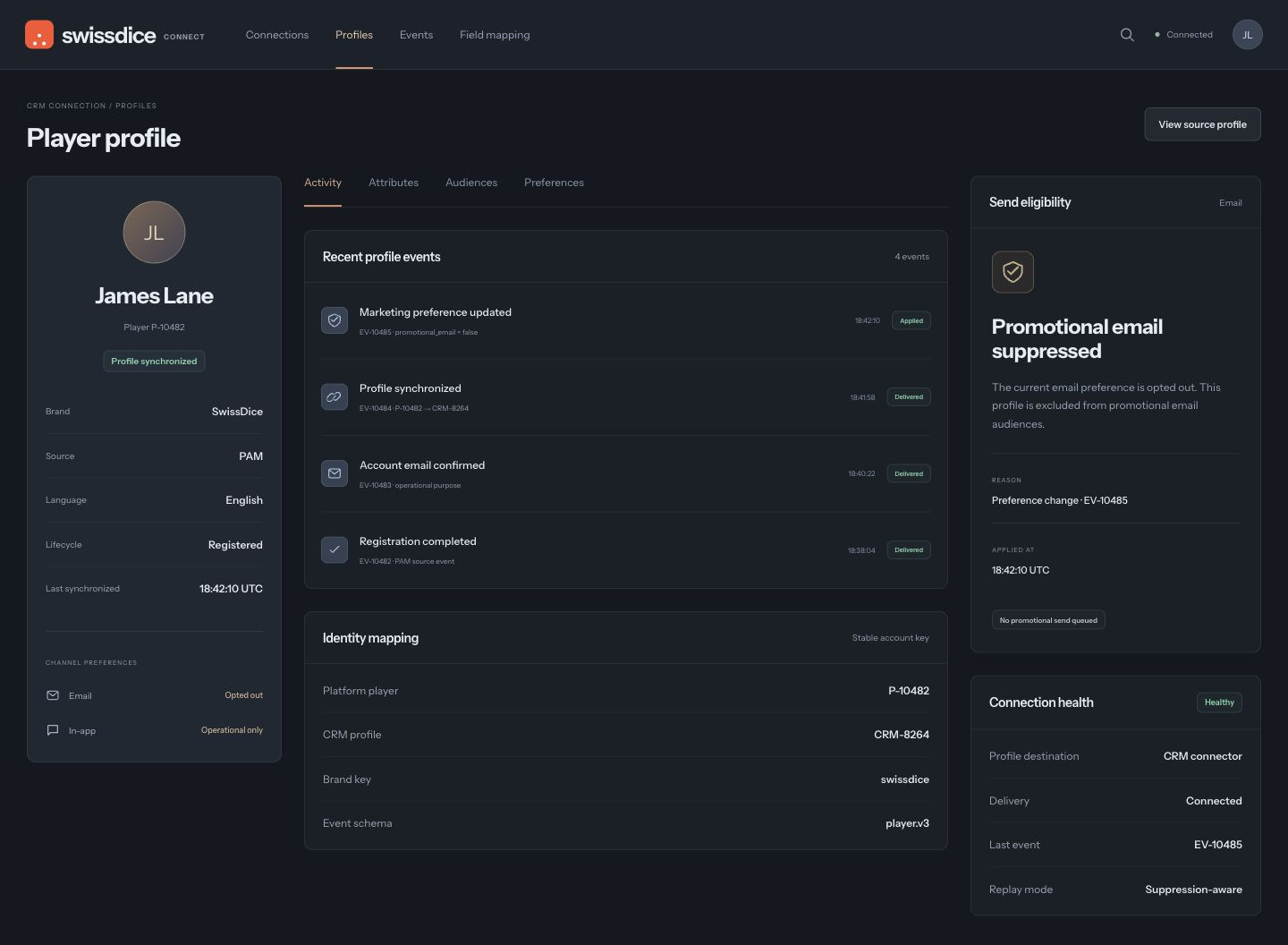 CRM integration showing a mapped player profile, source events, channel preferences and promotional email suppression