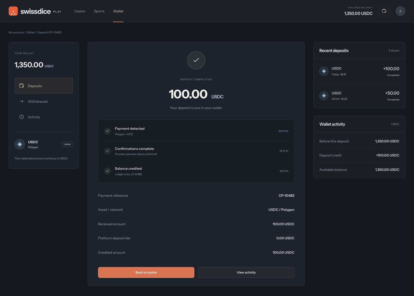 Crypto cashier showing a completed USDC deposit on Polygon, provider confirmations and a matching wallet credit