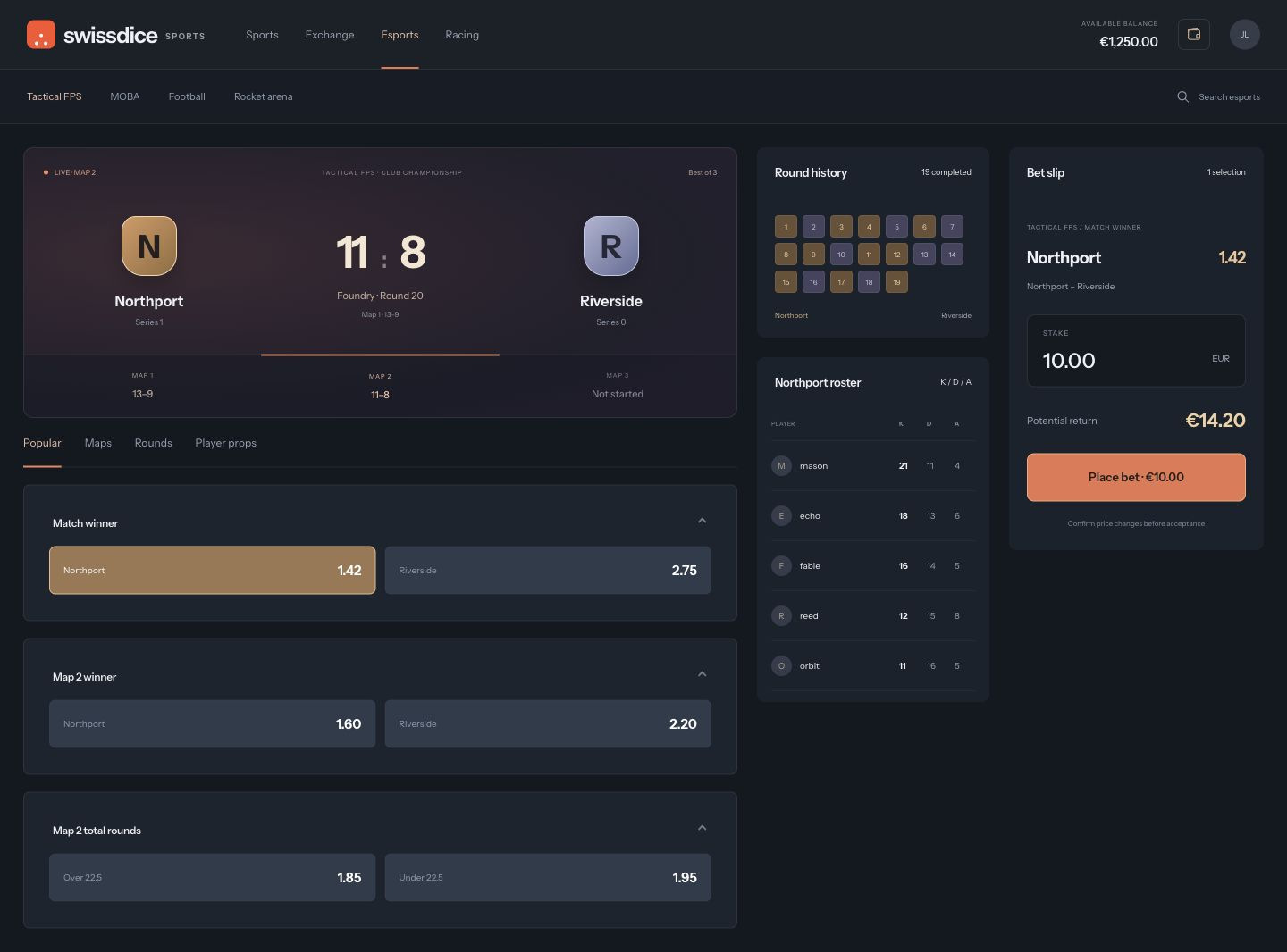 Esports sportsbook showing a best-of-three series, current map score, completed rounds, player statistics and a bet slip