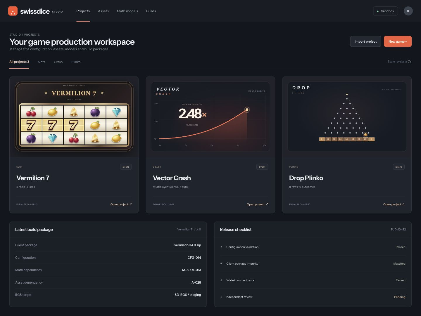 Game production workspace with slot, crash and Plinko projects, model dependencies, asset versions and release checklist