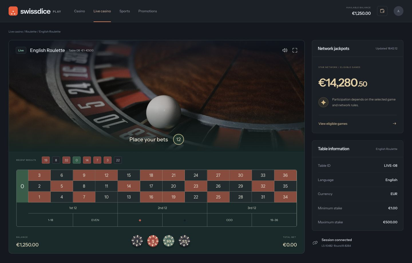 Live casino player interface with a photographed roulette wheel, standard single-zero betting grid, balance, chips and separate network jackpot information