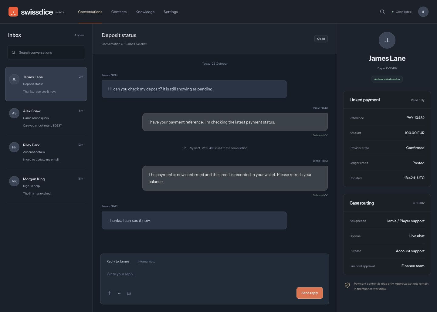 Support inbox showing an authenticated conversation, linked payment context, delivery status and read-only financial permissions
