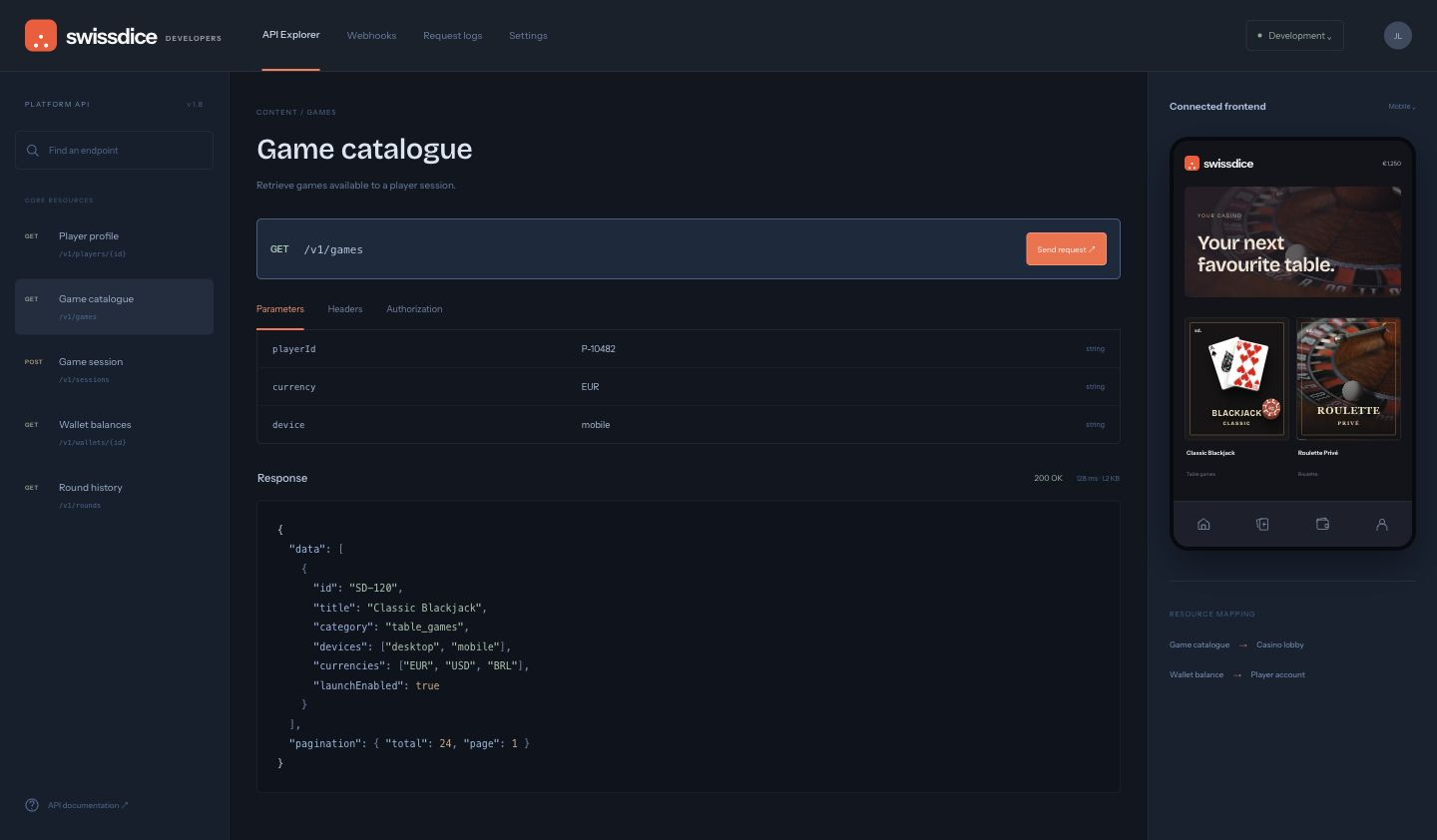Platform API explorer with a game catalogue response and its connected casino frontend.