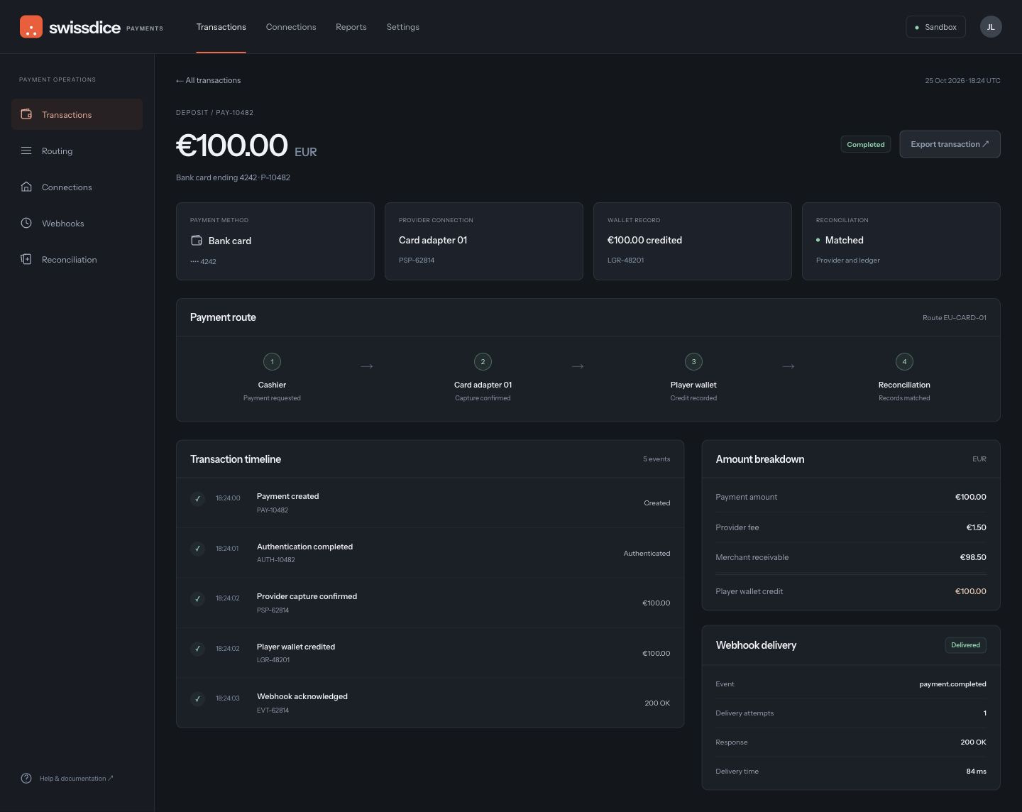 Payment gateway transaction detail with capture and wallet references, routing, webhook delivery and amount reconciliation