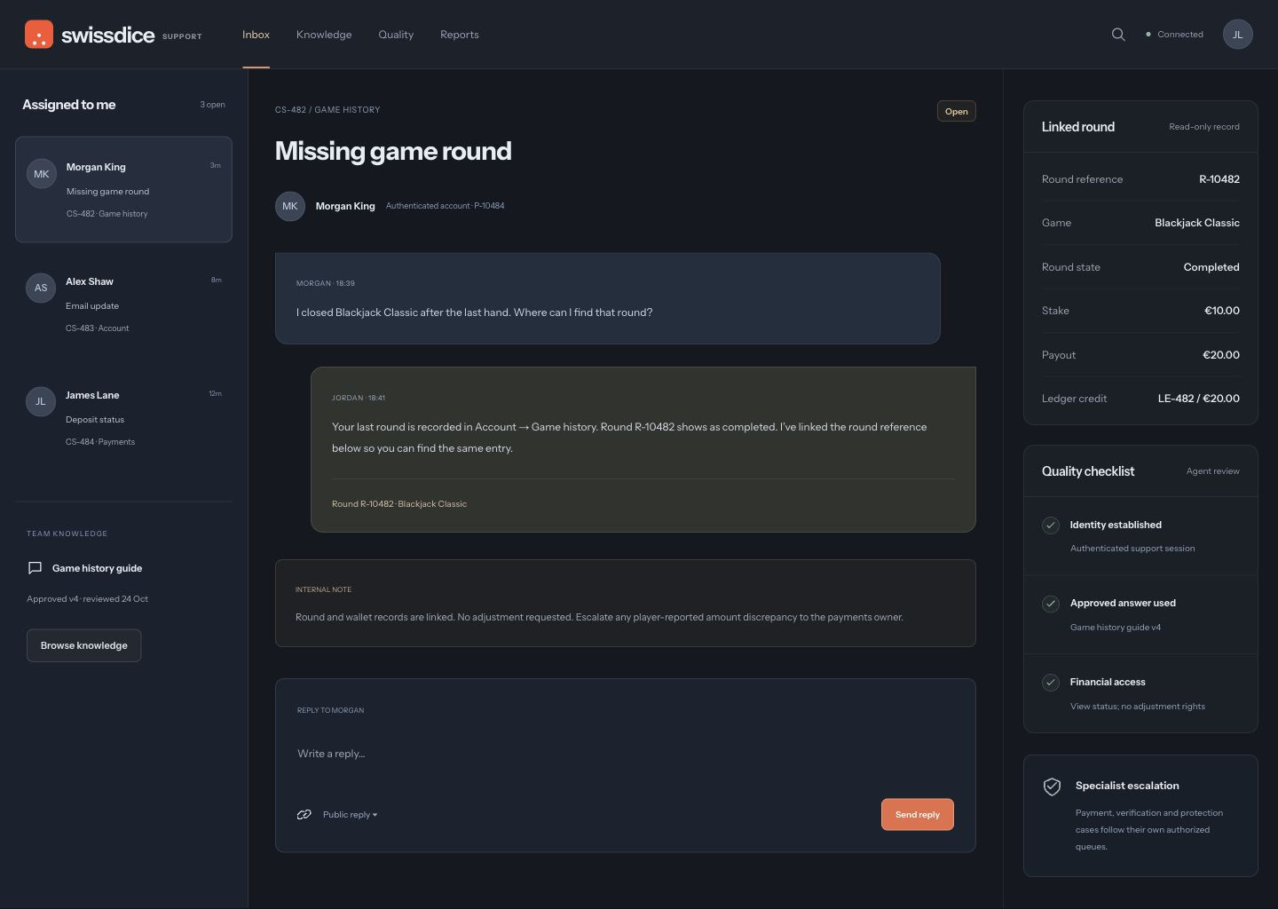 Player-support inbox with a game-history conversation, linked round, approved knowledge and controlled financial permissions.