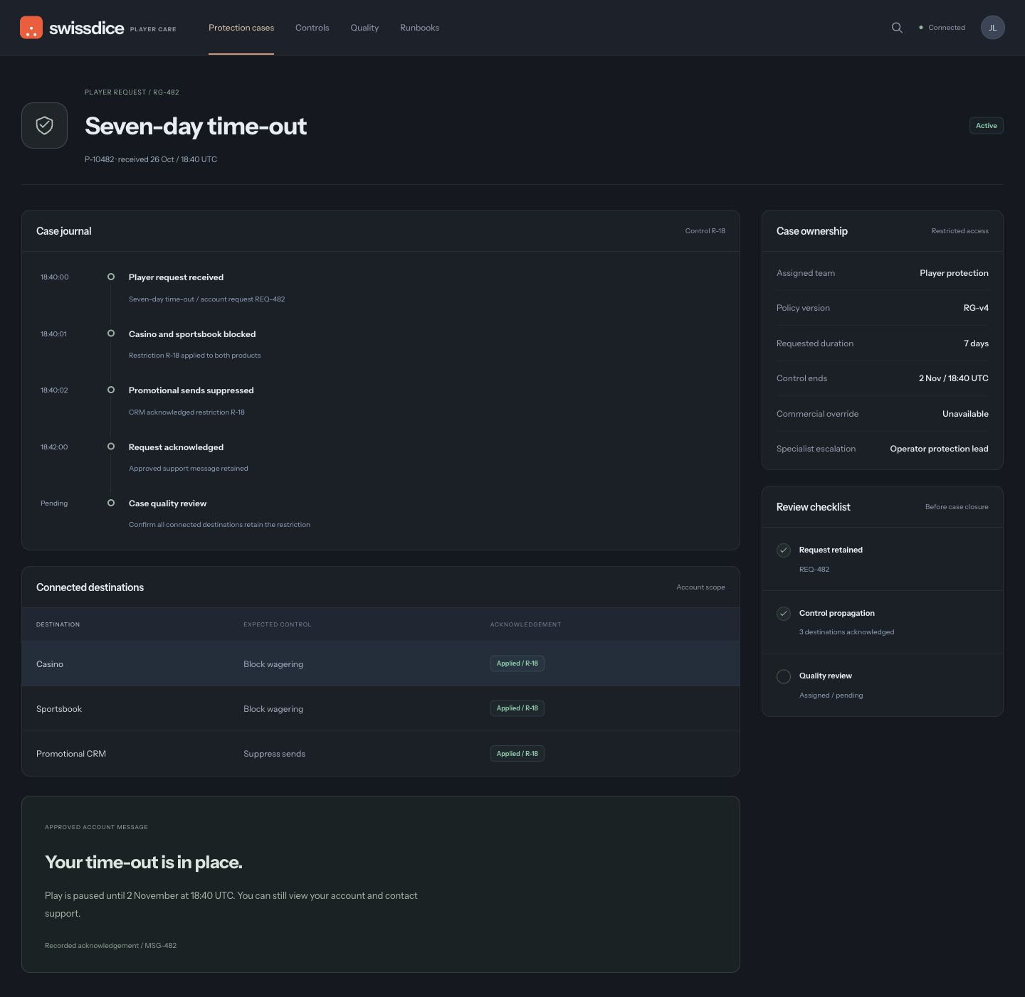 Player-protection case journal with a seven-day time-out, connected control acknowledgements and approved communication.