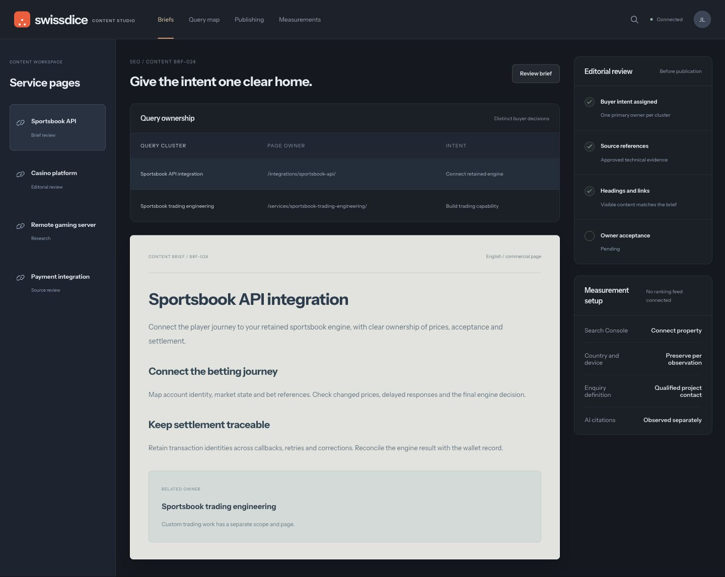 Editorial application with distinct query-to-page owners, a complete content brief, source checks and unconnected measurement setup.