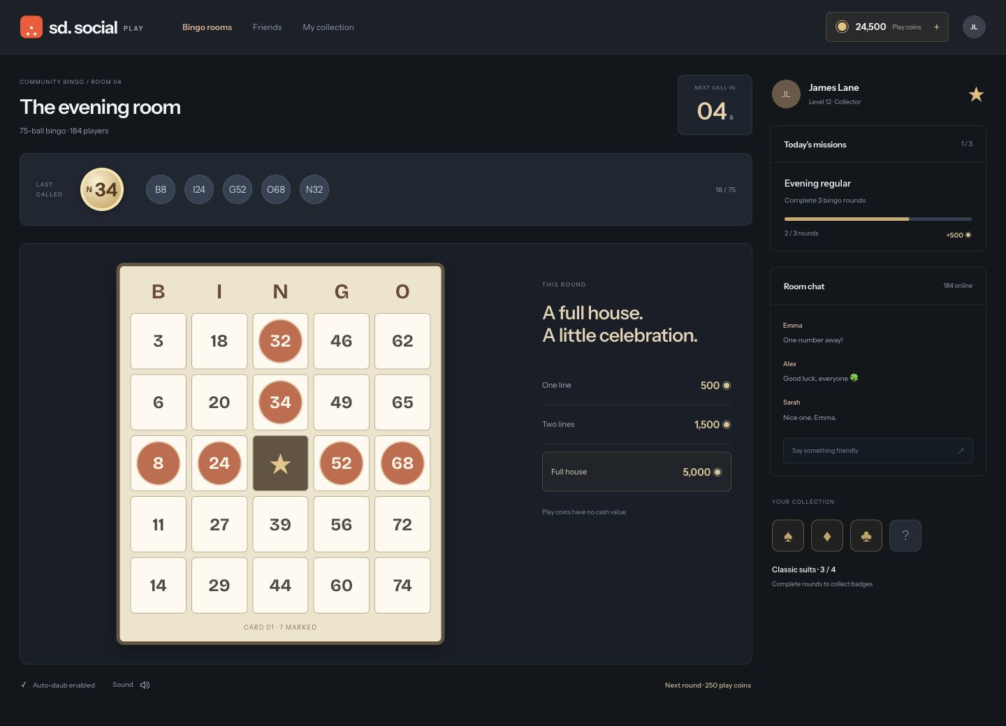 Social casino bingo room with a numbered card, called balls, play-coin rewards, missions and community chat