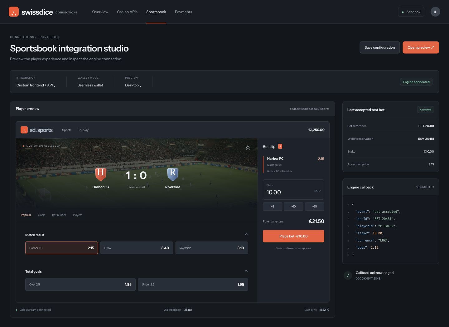 Sportsbook API integration preview with live markets, a betslip and an engine callback receipt