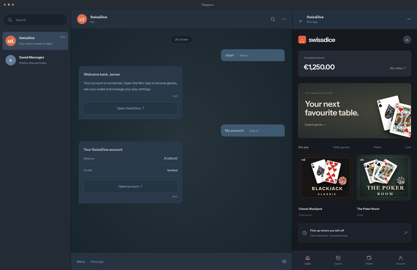 Telegram casino channel with a bot conversation, connected Mini App lobby, wallet balance and card-game catalogue