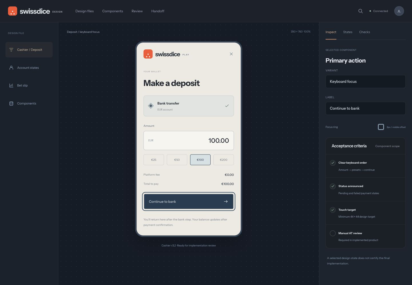 Product design workspace with a complete styled cashier, keyboard-focus state, component inspector and scoped acceptance criteria