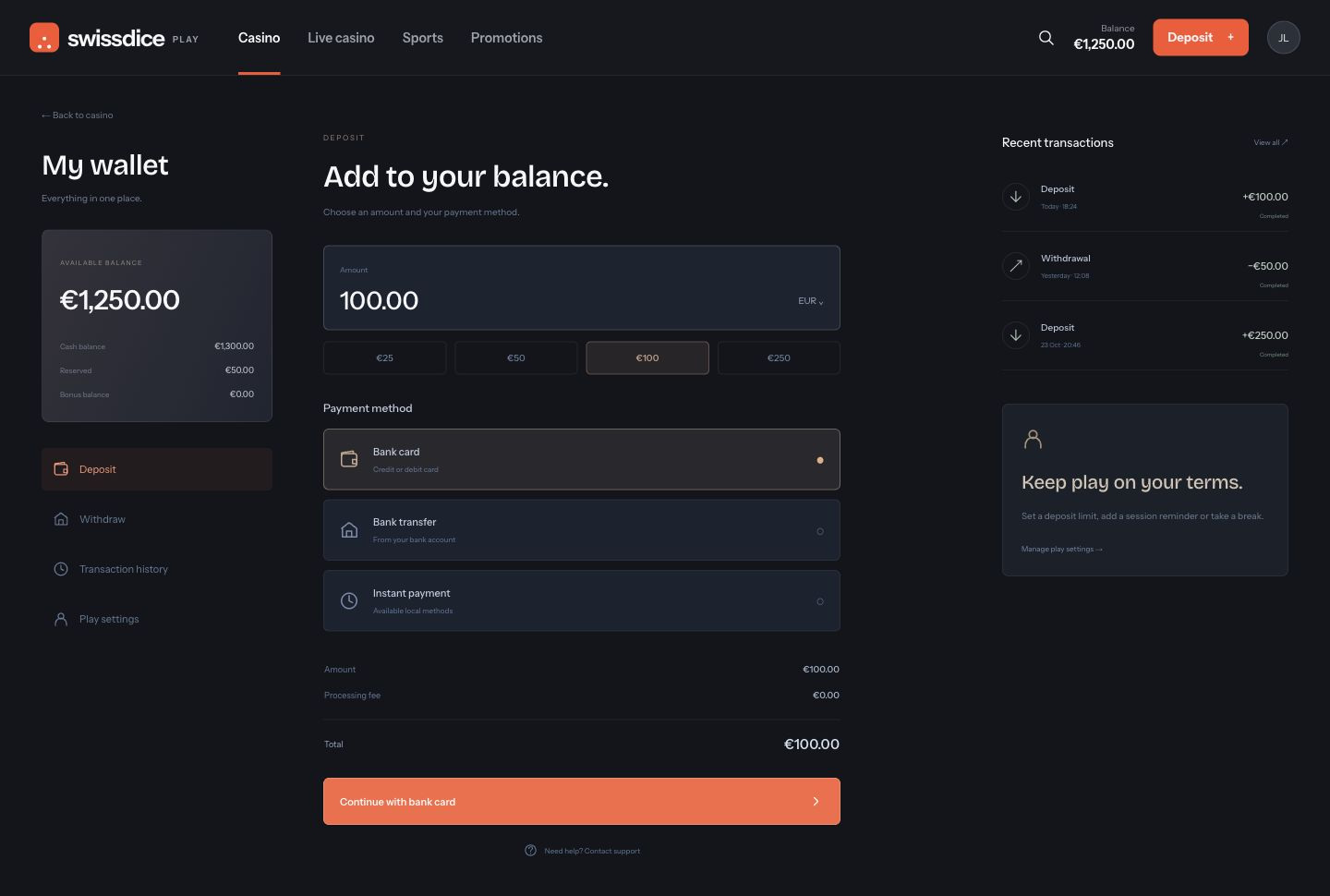 Casino cashier with account balance, deposit amount, payment methods and transaction history.