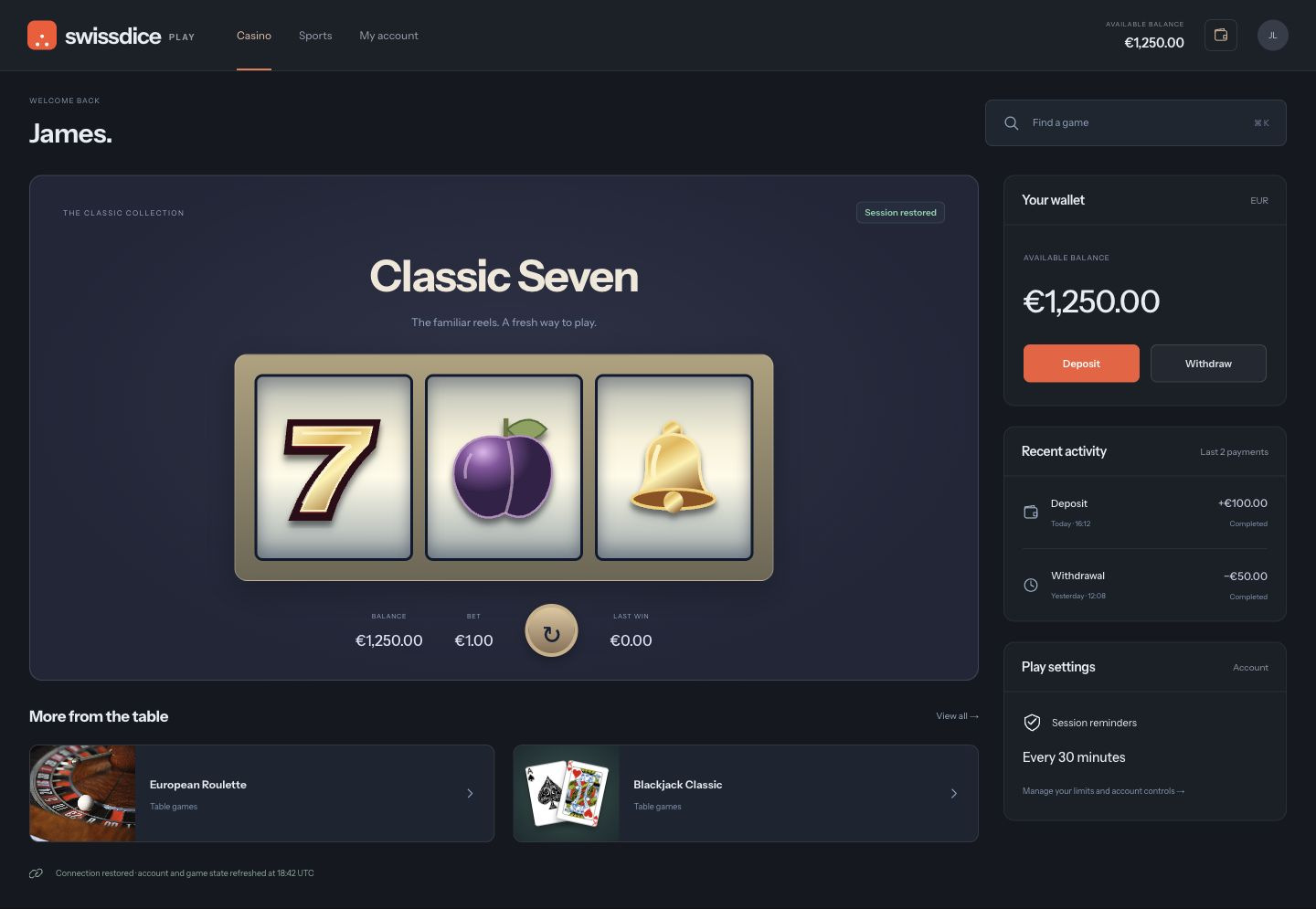 Complete player application with an original classic reel game, table-game collection, wallet activity, play settings and restored-session context