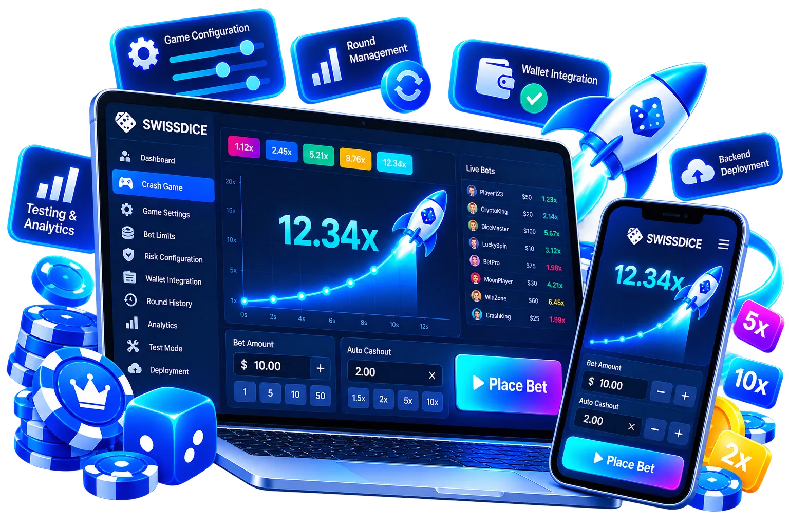 Build and Configure Real-Time Crash Games — SwissDice Neon Crash Game Dashboard