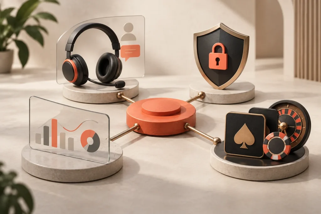 A coordination hub connects casino support, security, analytics and content operations.