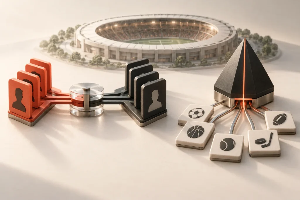 Peer-to-peer order matching and operator-led sports pricing shown side by side.