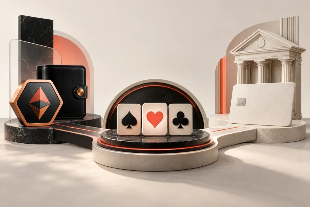 Digital-asset and bank-card payments connect to a shared casino platform.