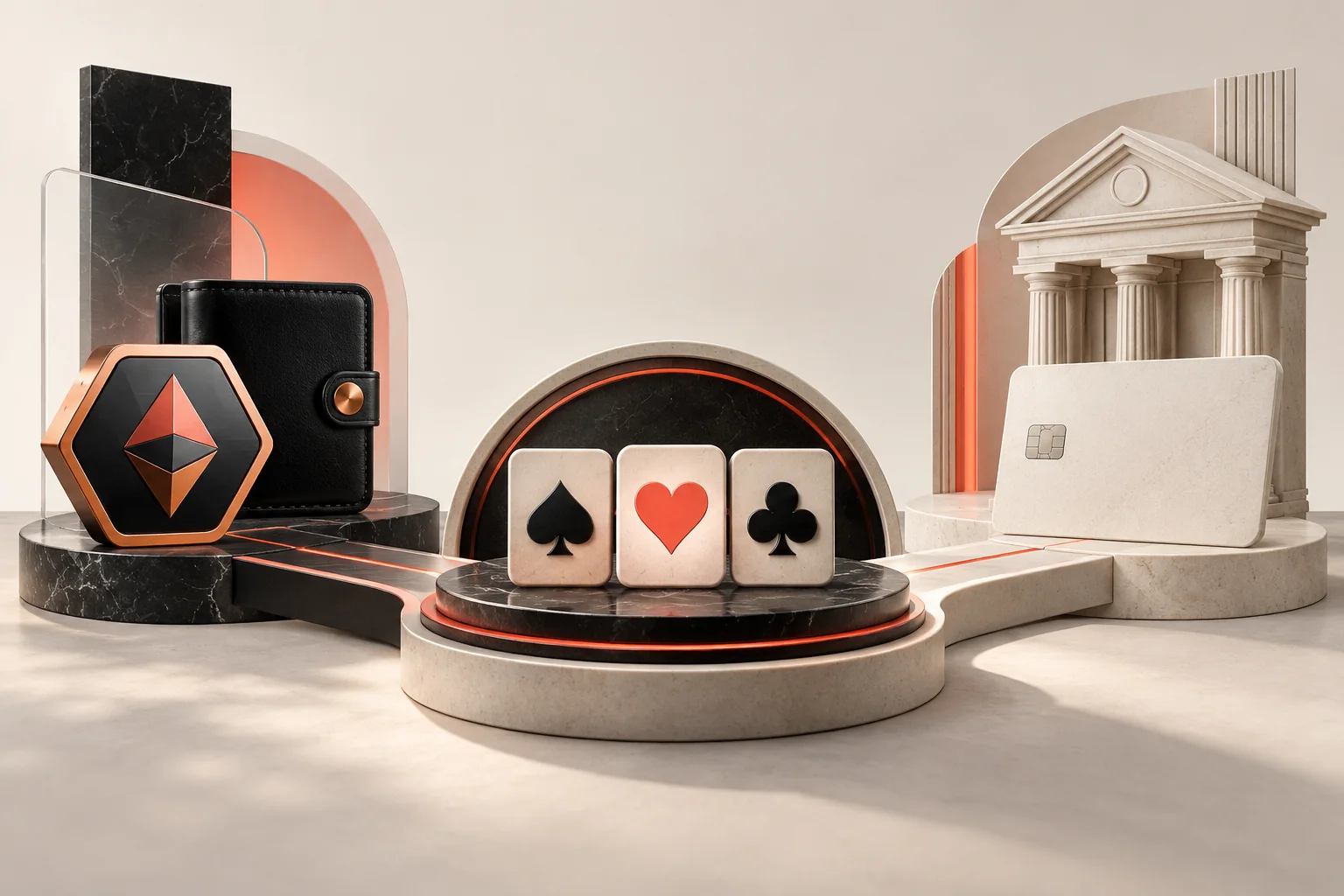 Digital-asset and bank-card payments connect to a shared casino platform.