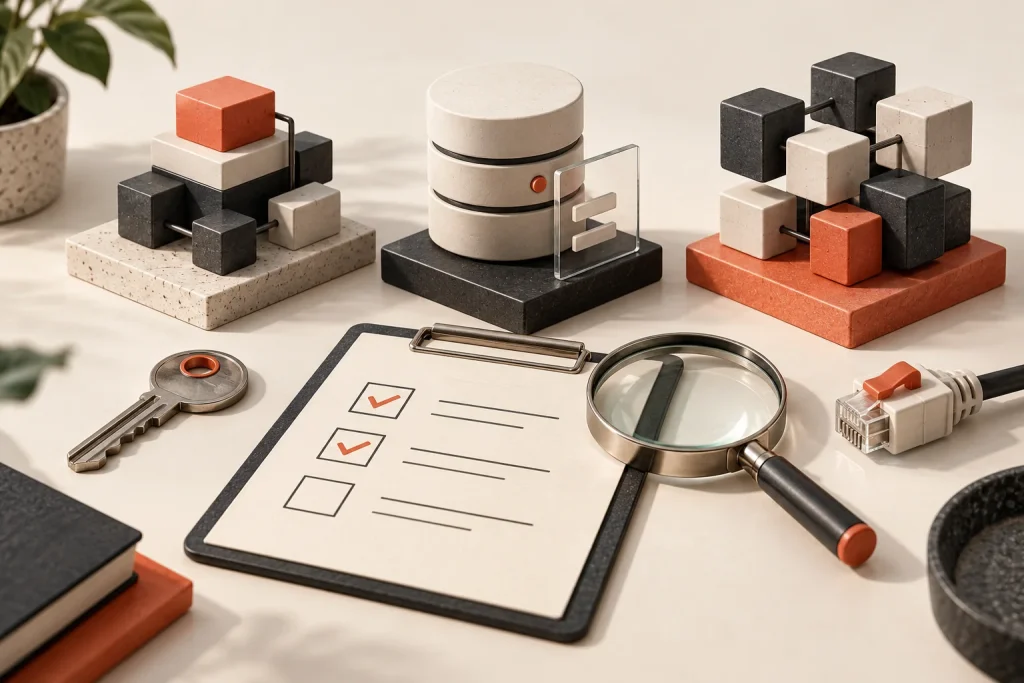 Platform components, an inspection lens and a checklist illustrate provider due diligence.