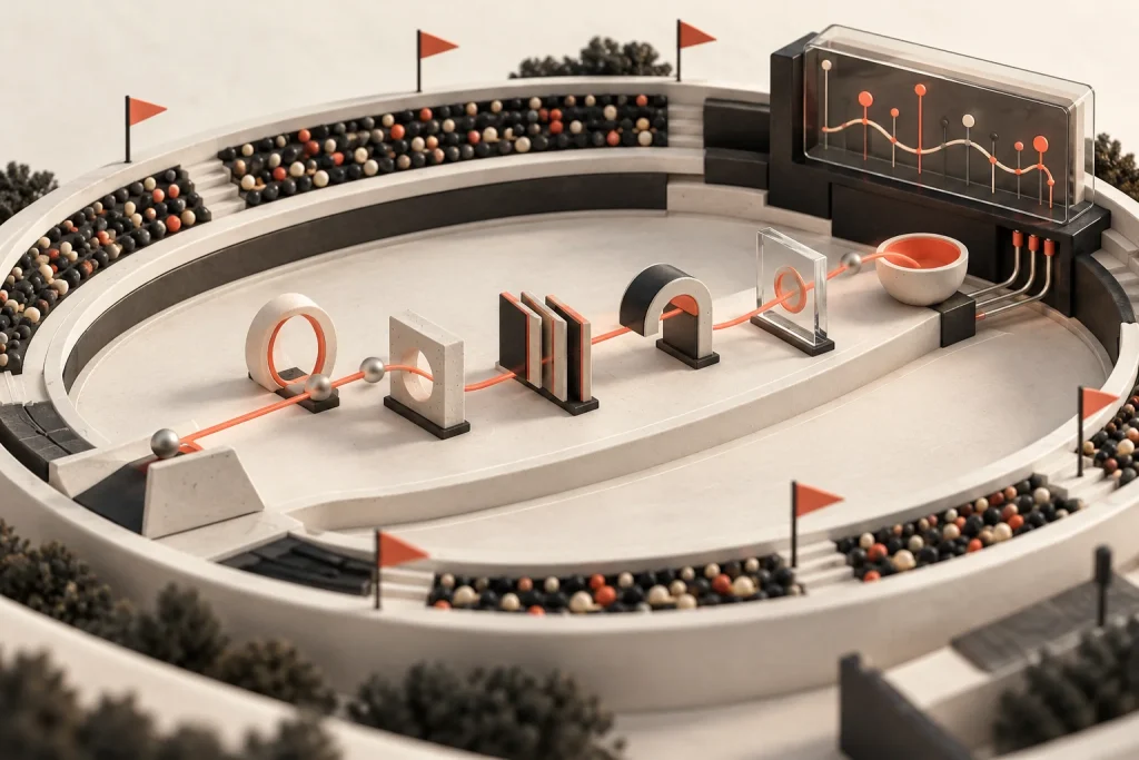 Live sports events move through timing gates and a data-processing module.